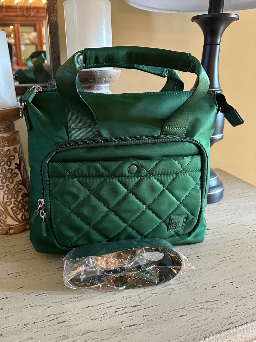 Ihkwip Quilted Nylon Mini Tote With Detachable Crossbody Strap Green NEW